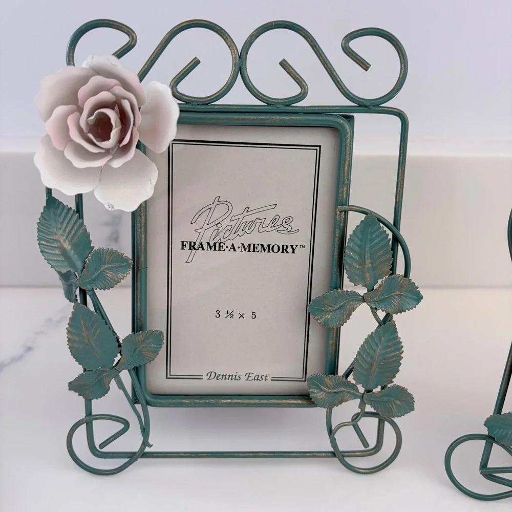 Vintage 1997 Dennis East Metal Rose Picture Frames Set of 3 Teal Cottagecore 3x5